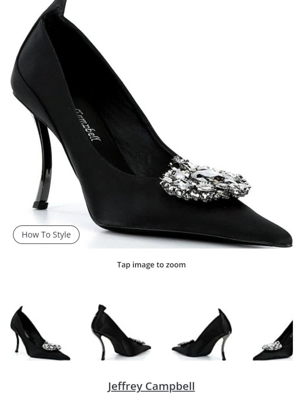 Jeffrey Campbell Black Satin Pointed-Toe Pump with Crystal Brooch
